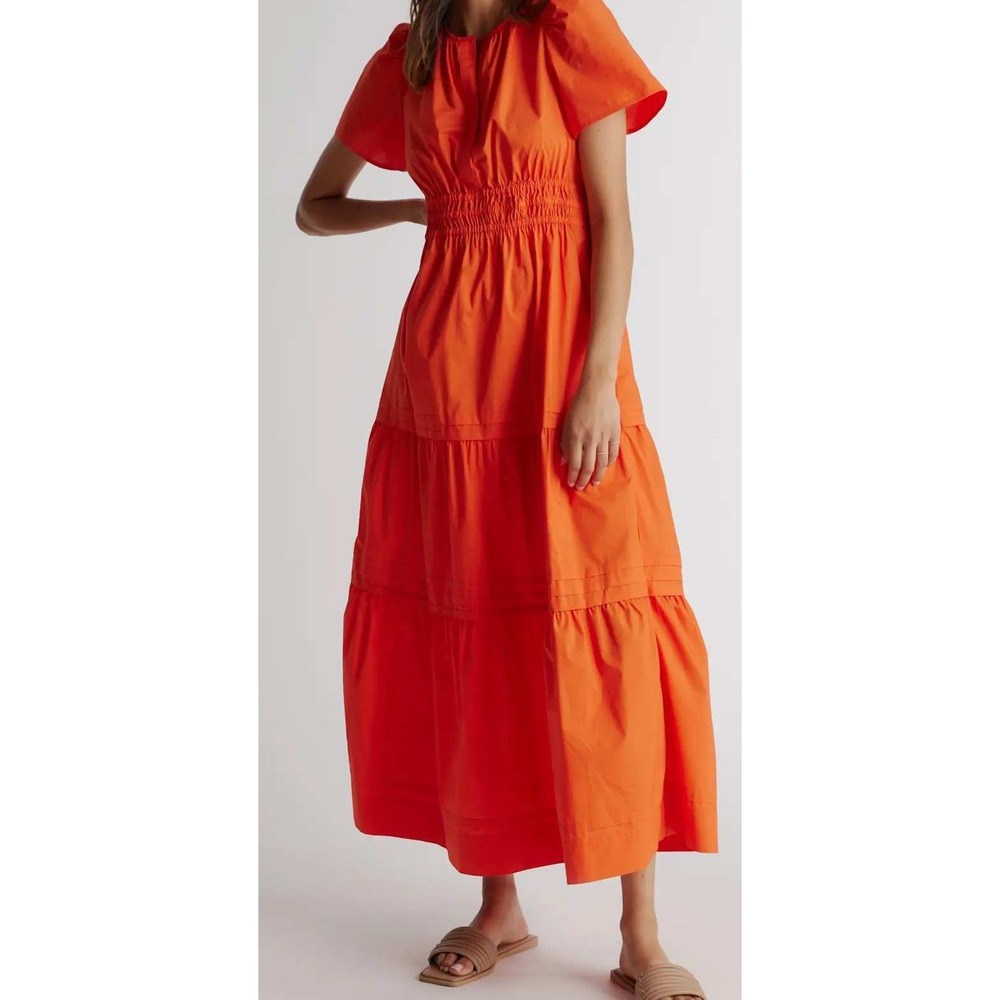 Quince nwt M orange 100% Organic‎ Cotton Poplin Tiered Maxi Dress boho vacation